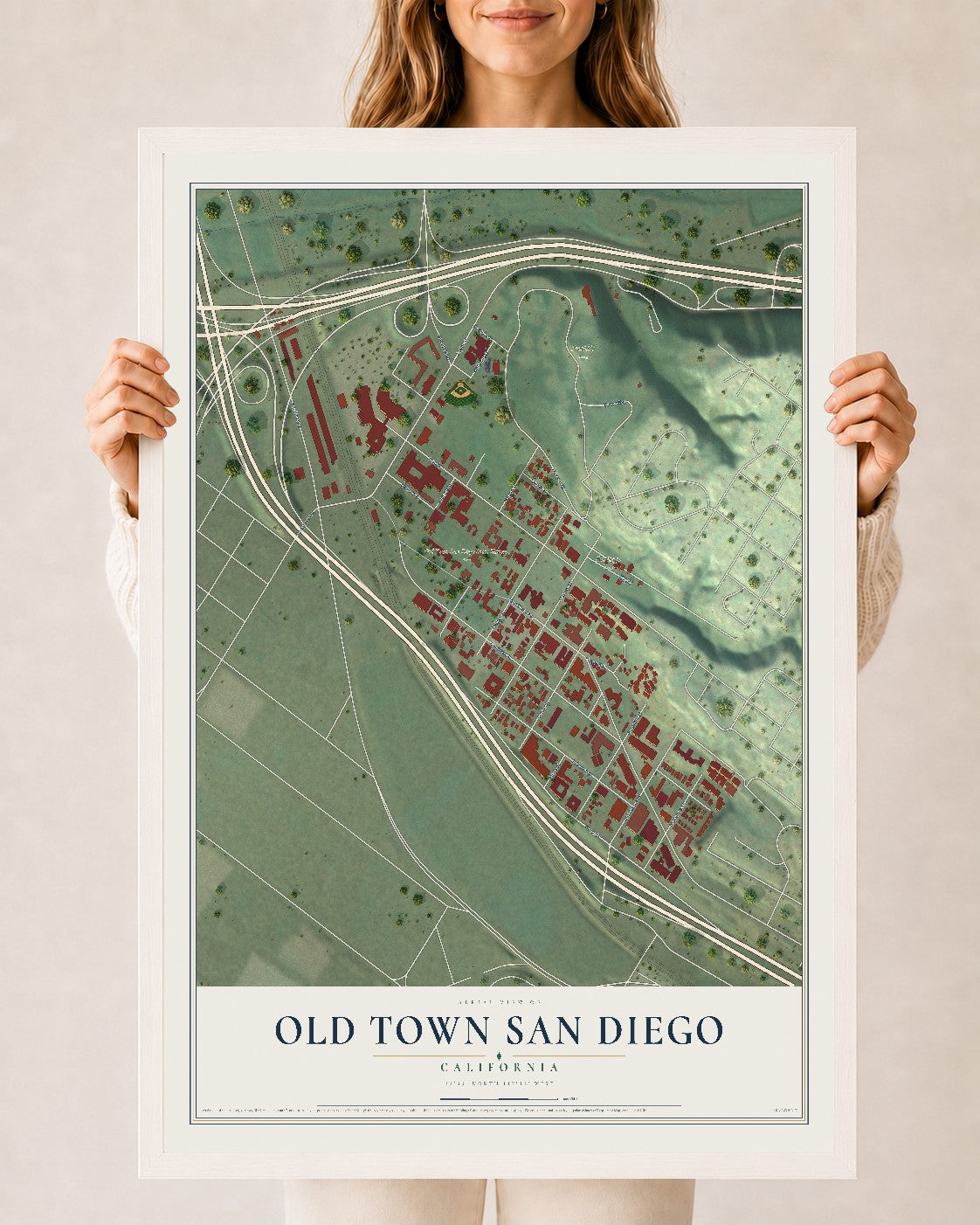 Map of Old Town San Diego, California, 24 x 36 inch print in a white wood frame