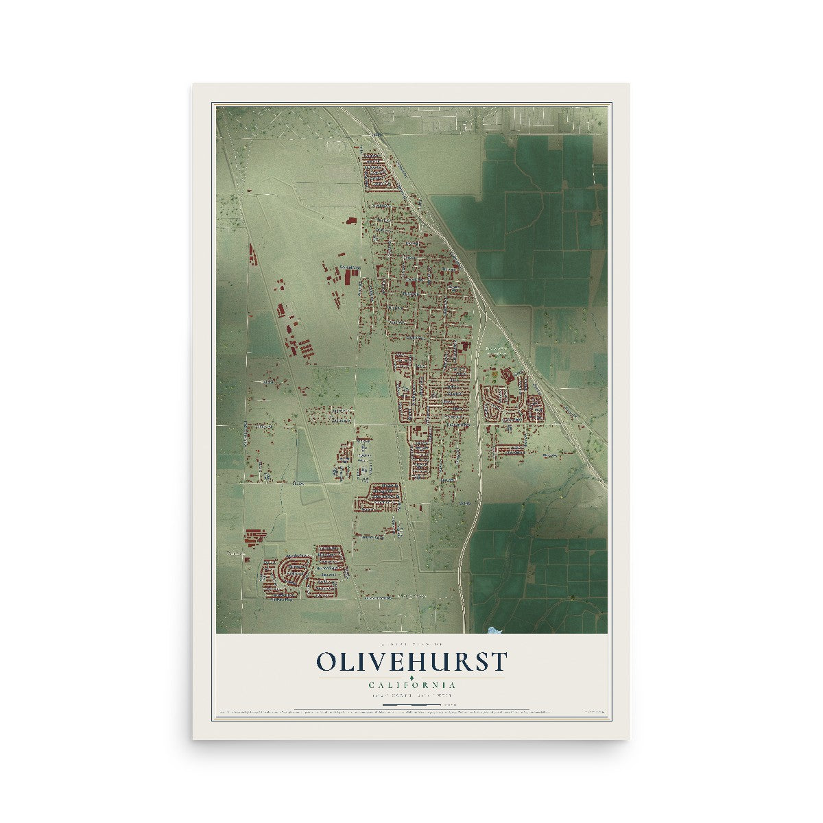 Map of Olivehurst, California, 12 x 18 inch unframed archival matte print