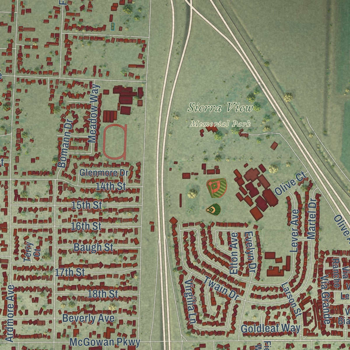 Close-up of the map of Olivehurst, California print showing street and building detail