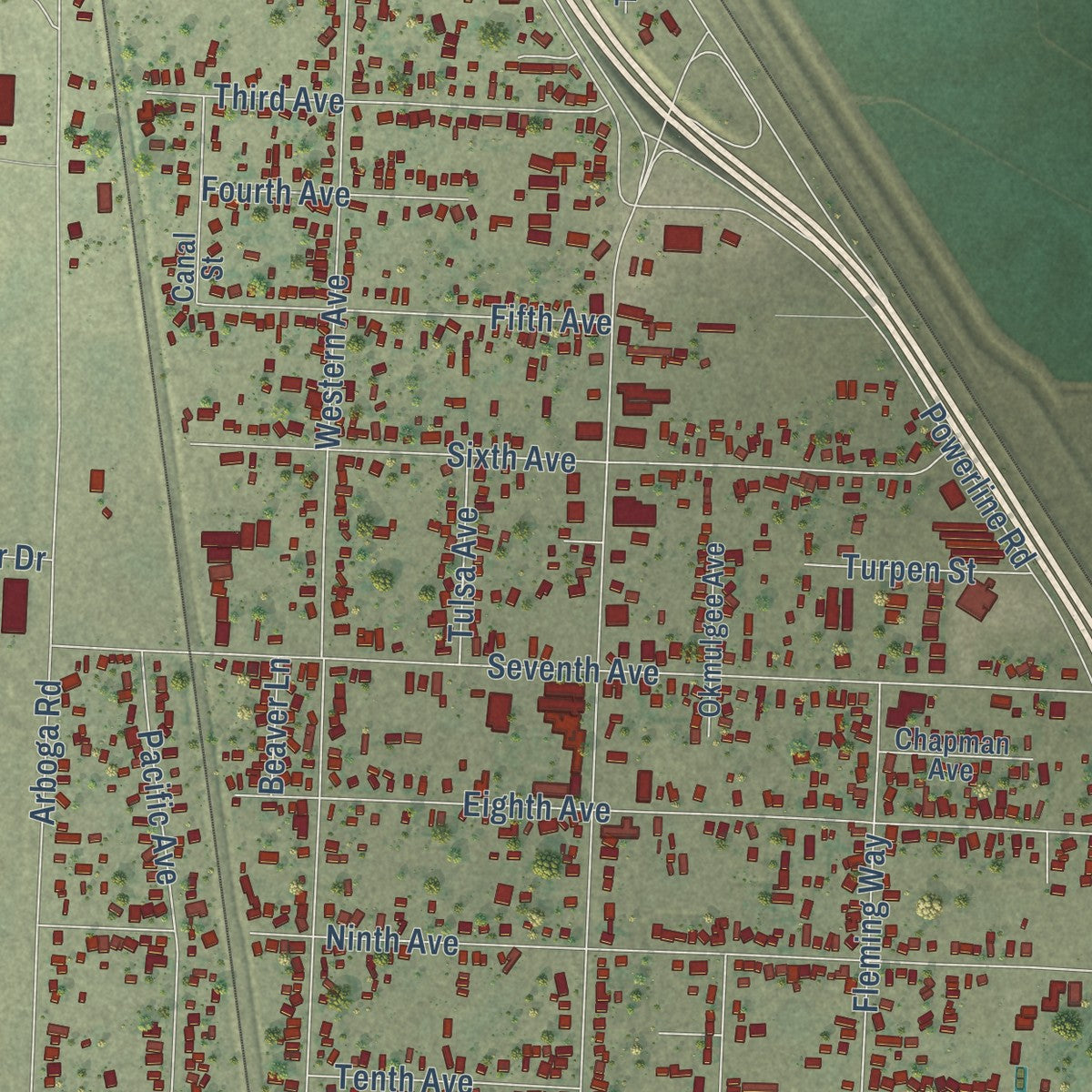 Second close-up of the map of Olivehurst, California print showing more streets and buildings