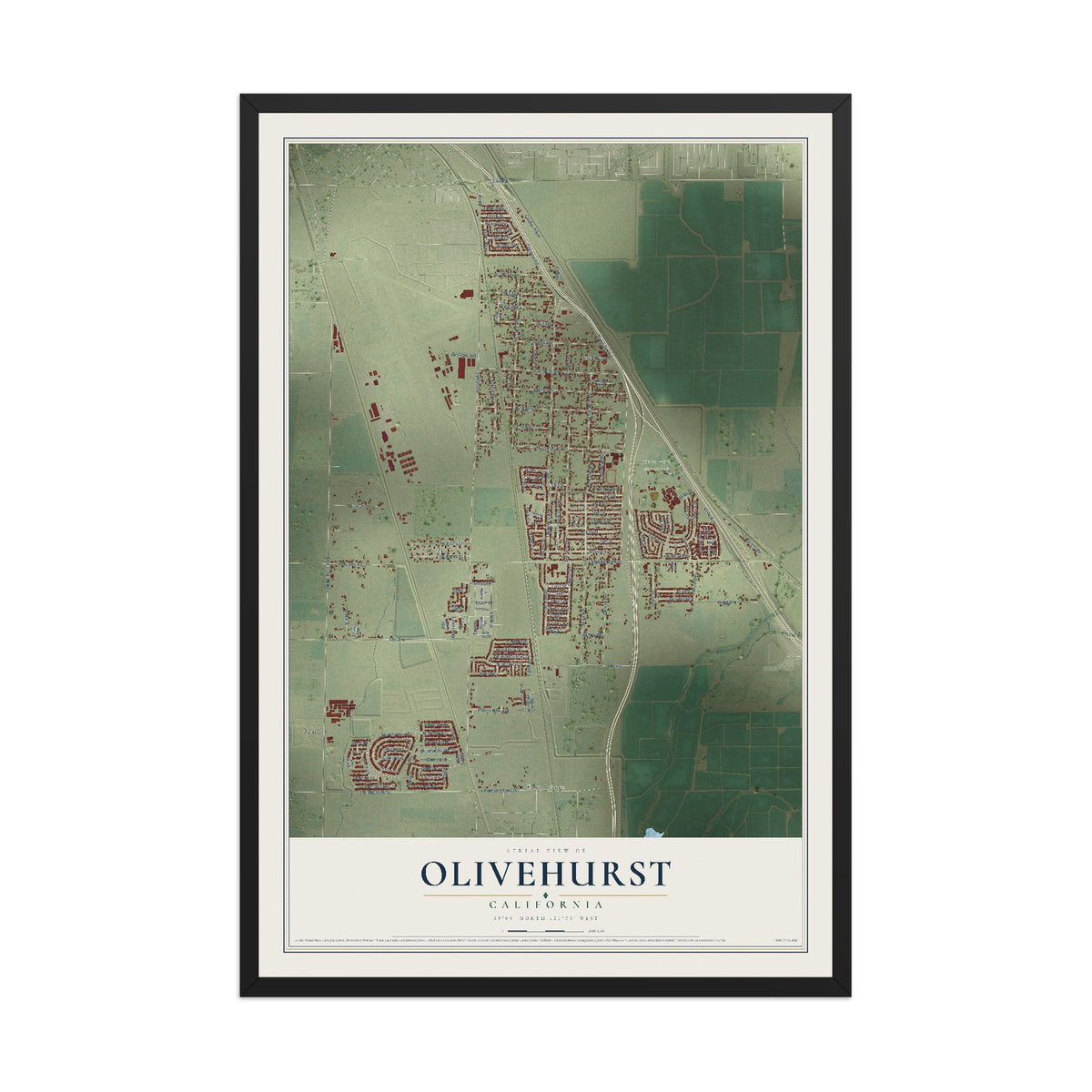 Map of Olivehurst, California, 12 x 18 inch print in a black wood frame