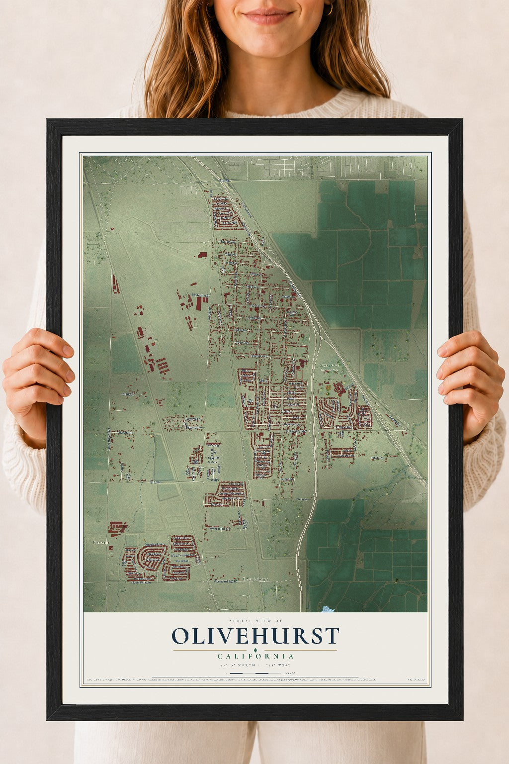 Map of Olivehurst, California, 18 x 24 inch print in a black wood frame