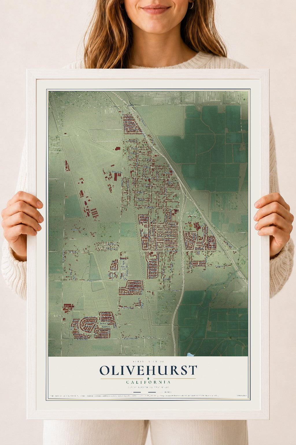 Map of Olivehurst, California, 18 x 24 inch print in a white wood frame