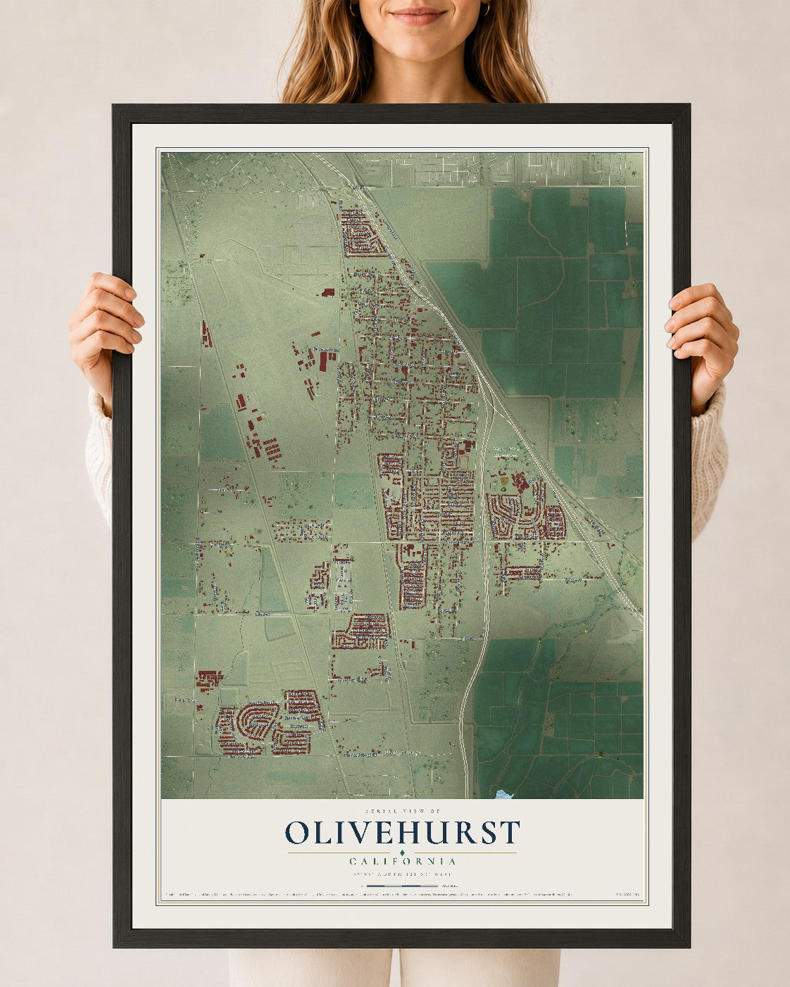 Map of Olivehurst, California, 24 x 36 inch print in a black wood frame