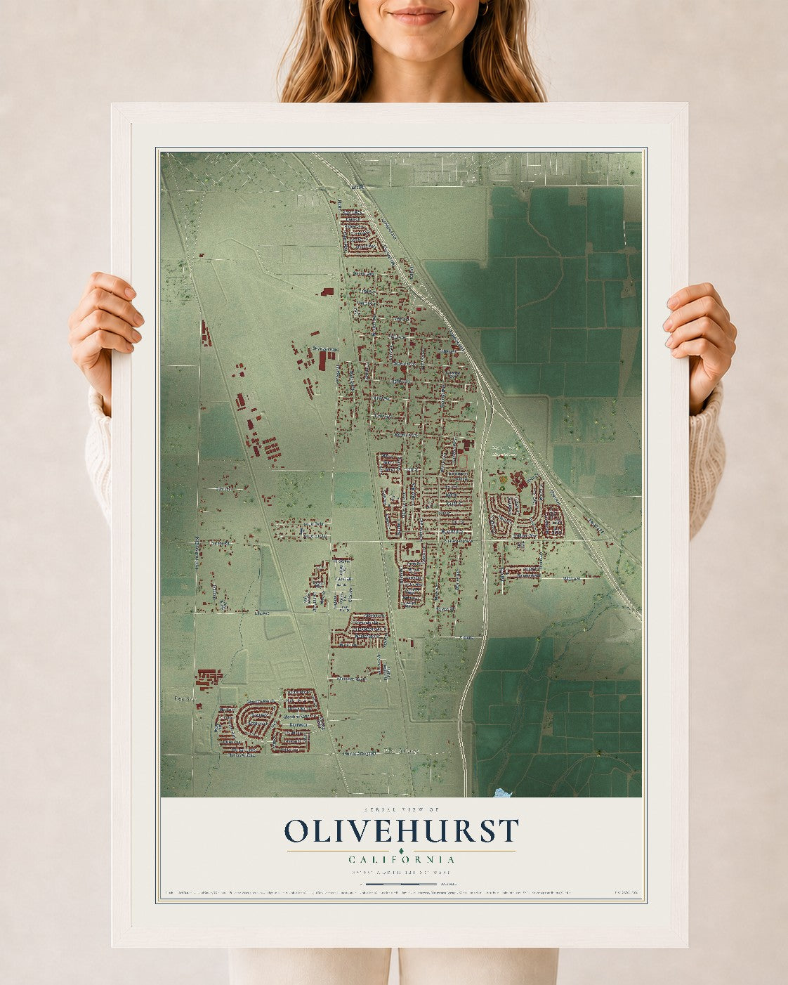 Map of Olivehurst, California, 24 x 36 inch print in a white wood frame