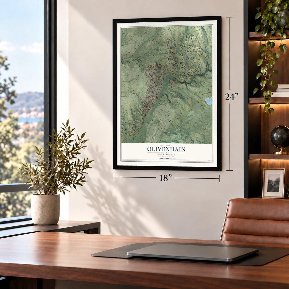 Olivenhain, California map, 18 x 24 inch print in a black frame in a home office