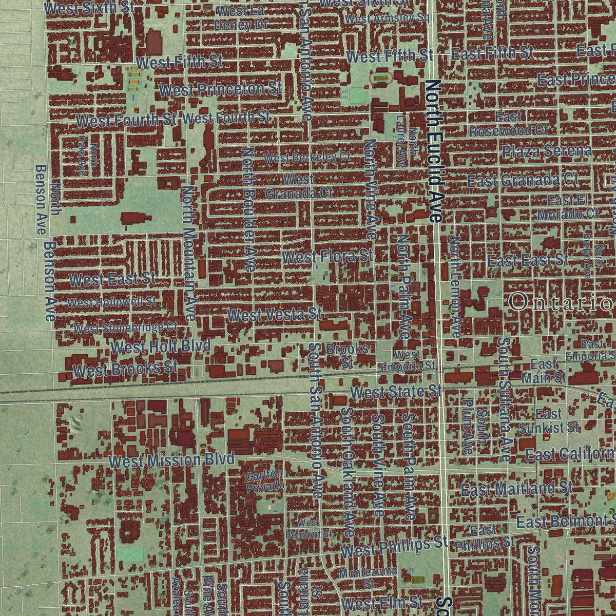 Close-up of the map of Ontario, California print showing street and building detail