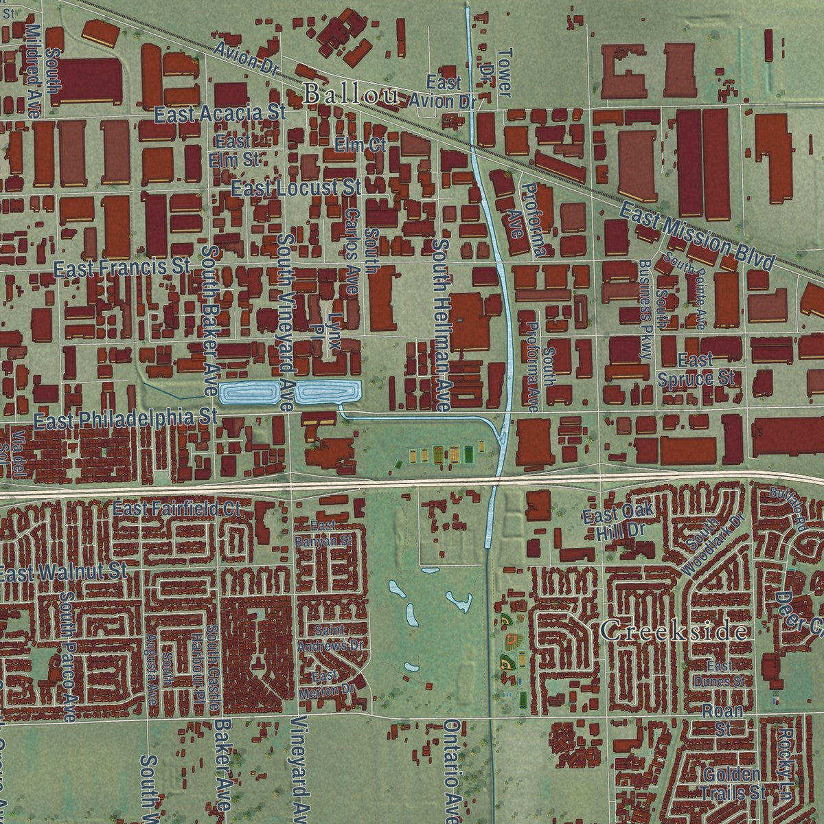 Second close-up of the map of Ontario, California print showing more streets and buildings