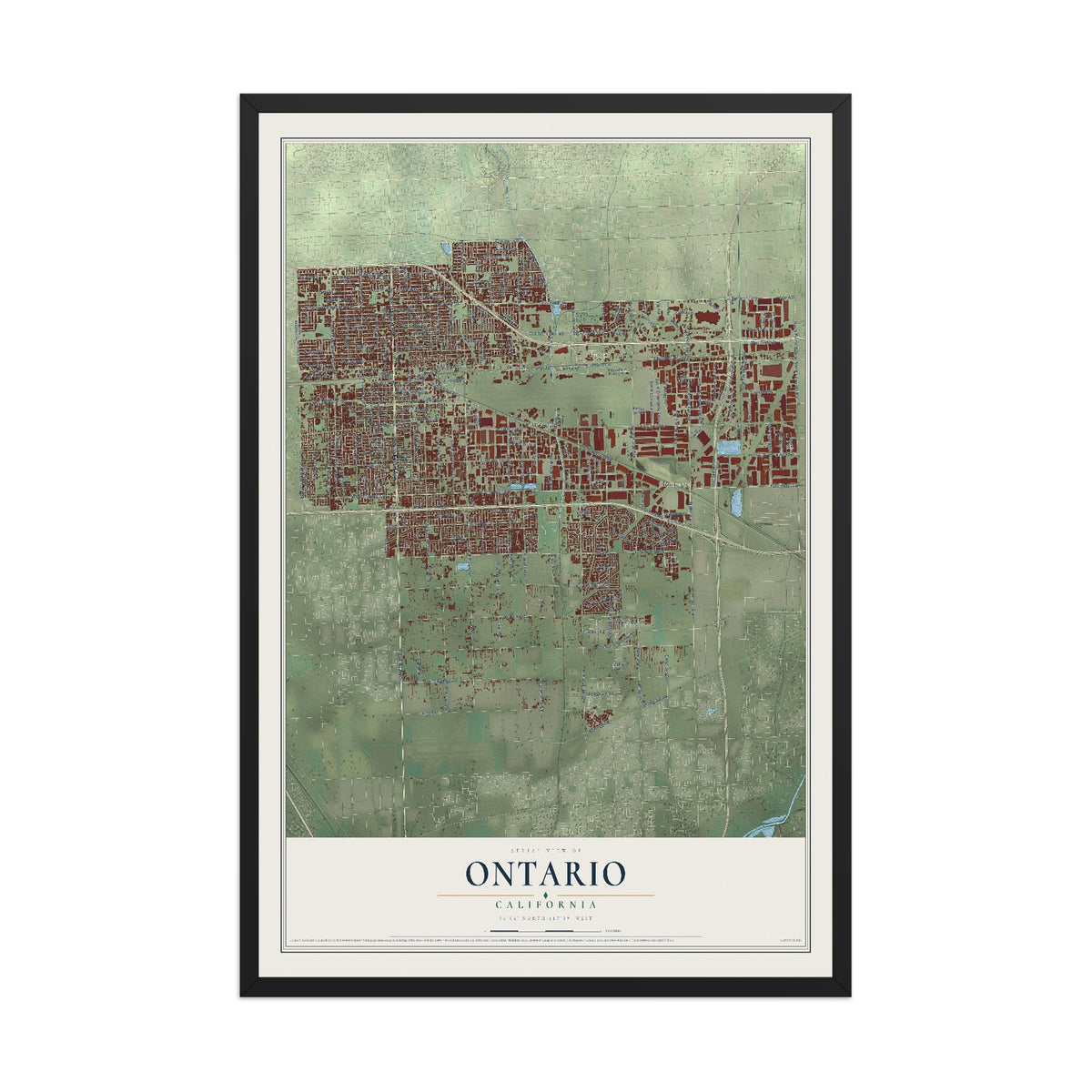 Map of Ontario, California, 12 x 18 inch print in a black wood frame