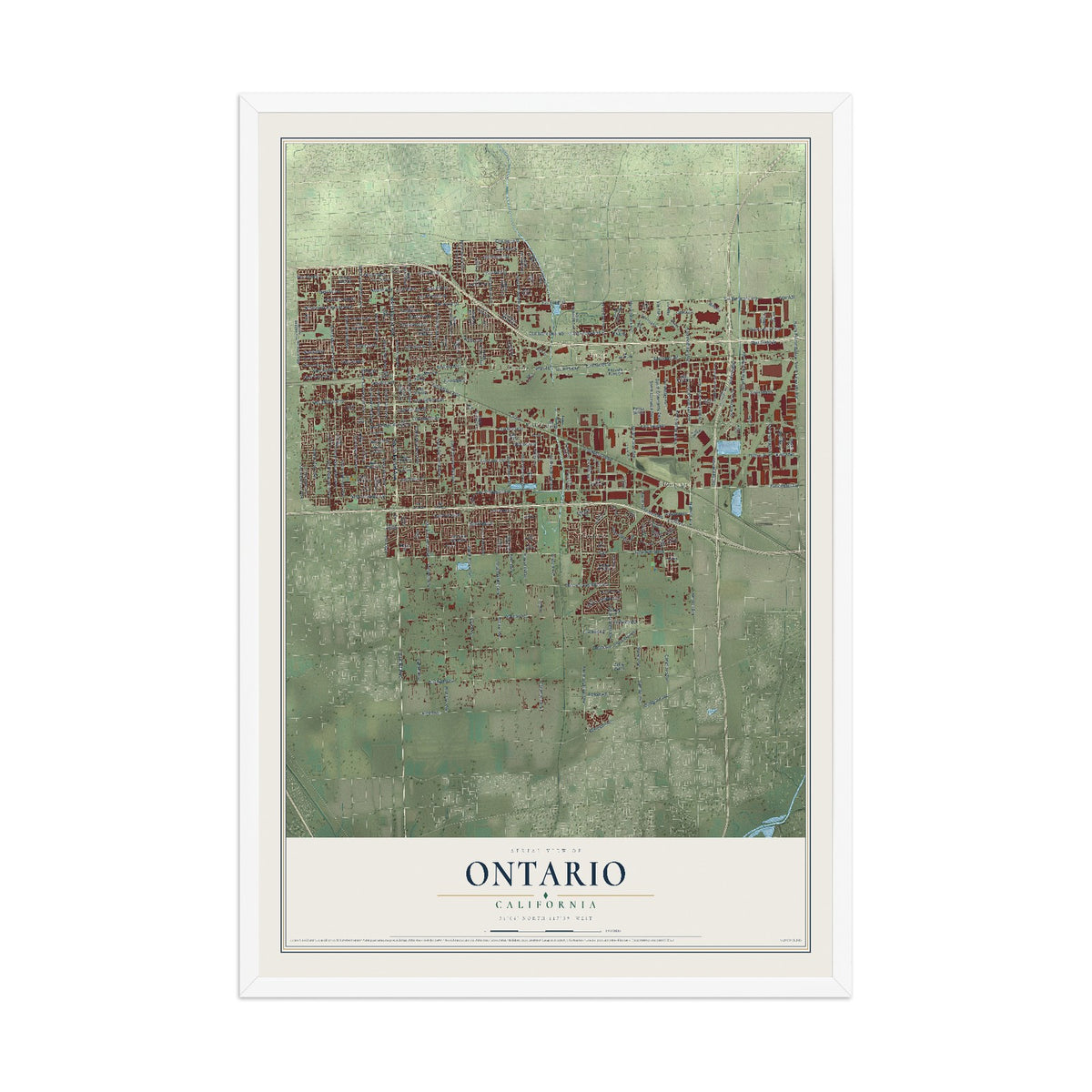 Map of Ontario, California, 12 x 18 inch print in a white wood frame
