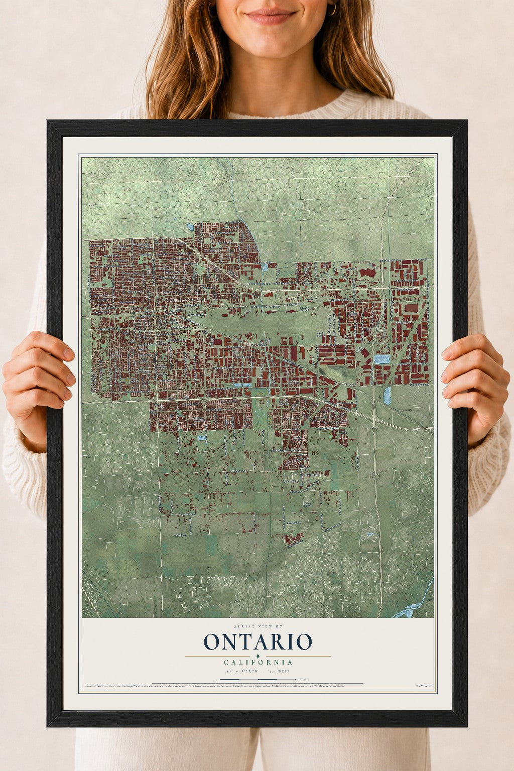 Map of Ontario, California, 18 x 24 inch print in a black wood frame