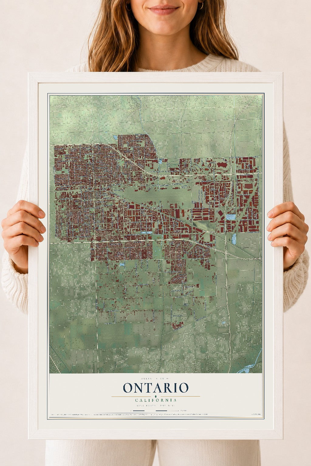 Map of Ontario, California, 18 x 24 inch print in a white wood frame