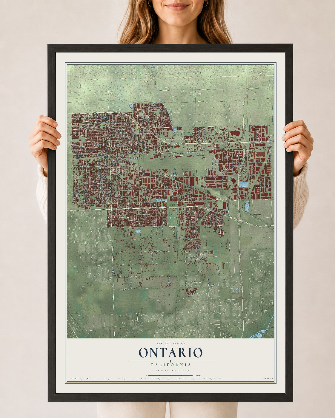 Map of Ontario, California, 24 x 36 inch print in a black wood frame