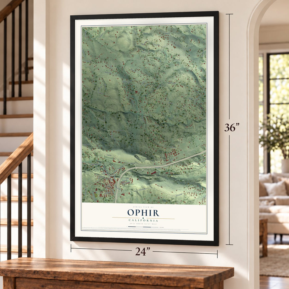 Ophir, California map, 24 x 36 inch print in a black frame by a staircase