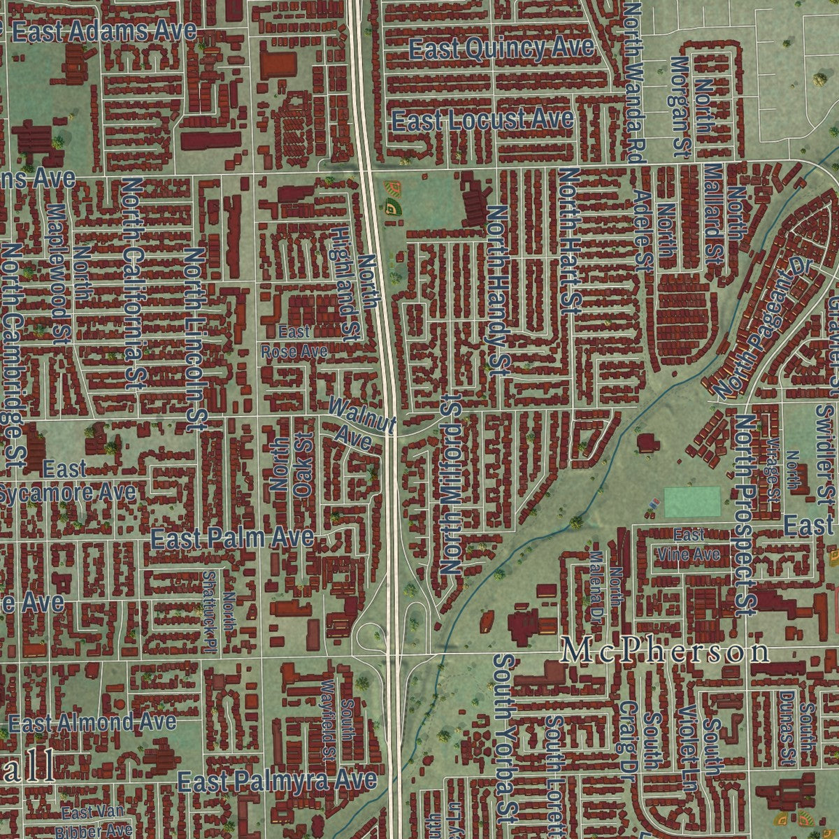 Close-up of the map of Orange, California print showing street and building detail