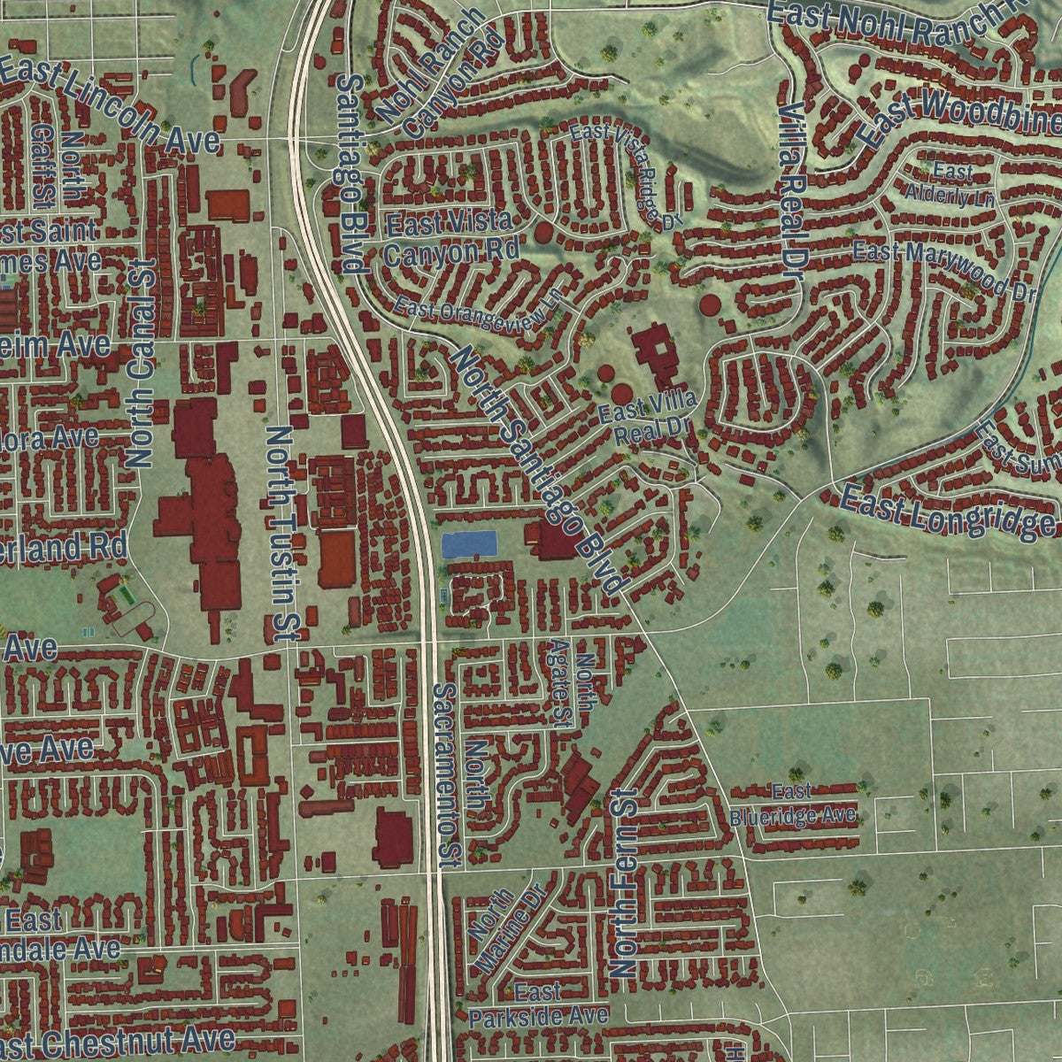 Second close-up of the map of Orange, California print showing more streets and buildings