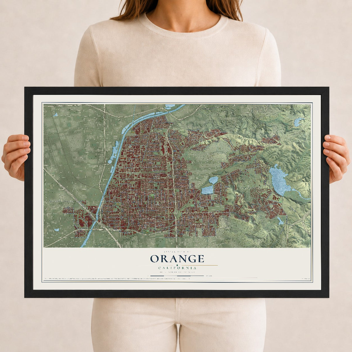 Map of Orange, California, 12 x 18 inch print in a black wood frame