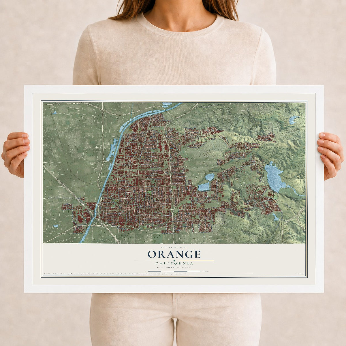 Map of Orange, California, 12 x 18 inch print in a white wood frame