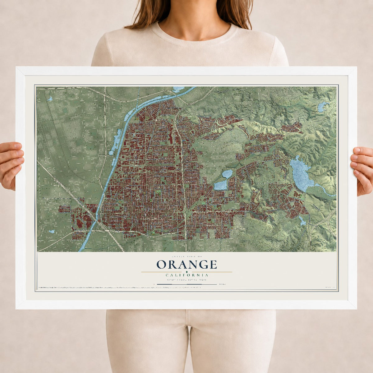 Map of Orange, California, 18 x 24 inch print in a white wood frame