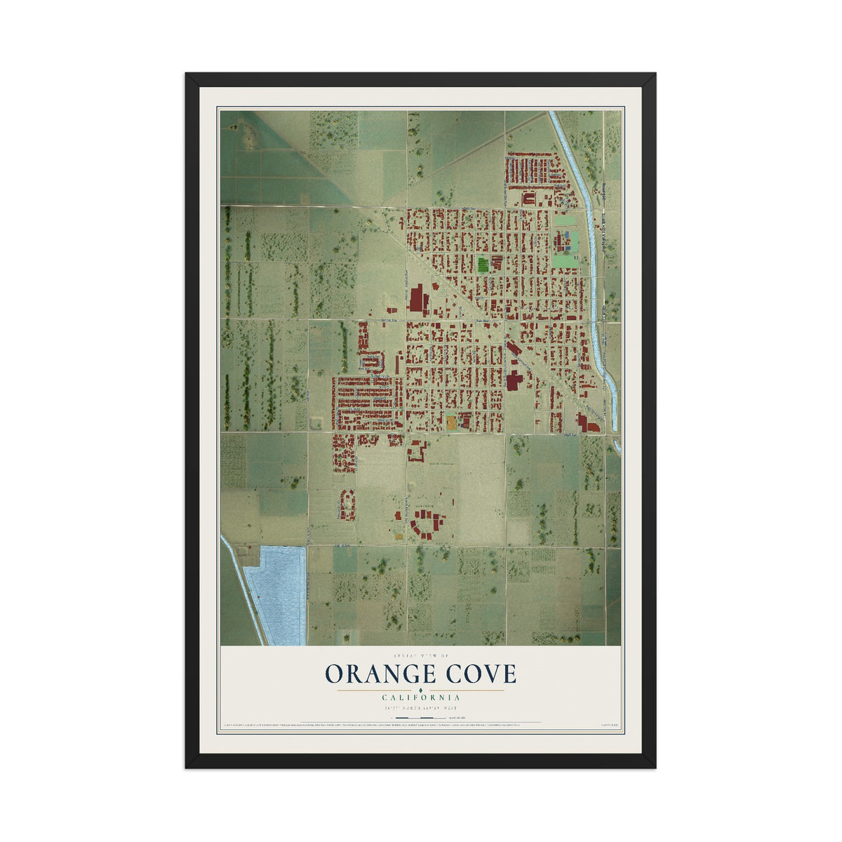 Map of Orange Cove, California, 12 x 18 inch print in a black wood frame