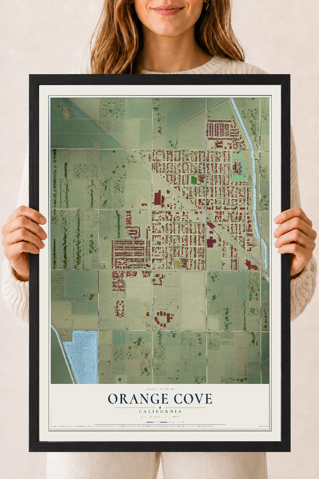 Map of Orange Cove, California, 18 x 24 inch print in a black wood frame