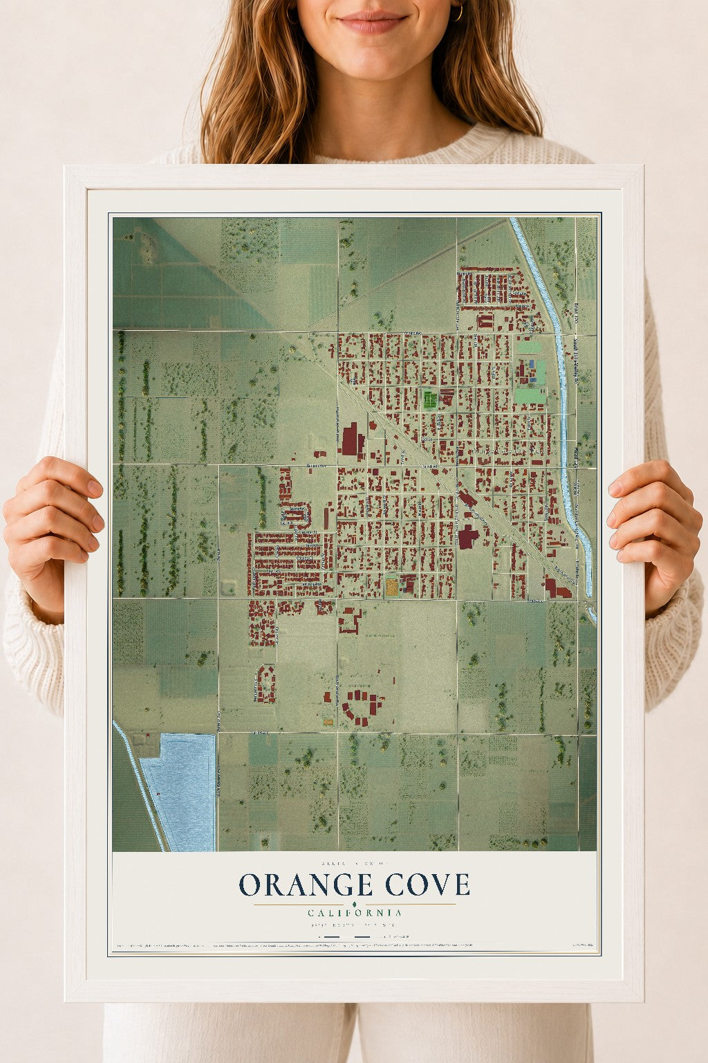 Map of Orange Cove, California, 18 x 24 inch print in a white wood frame