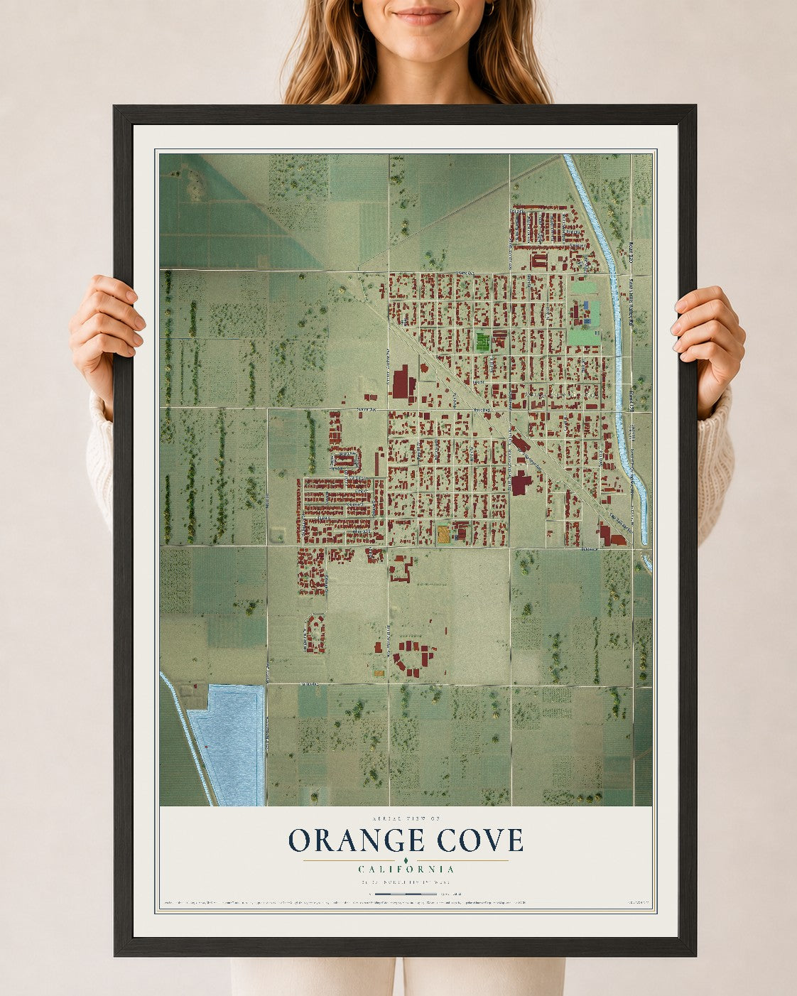 Map of Orange Cove, California, 24 x 36 inch print in a black wood frame