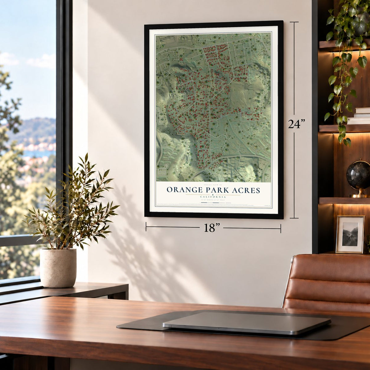 Orange Park Acres, California map, 18 x 24 inch print in a black frame in a home office