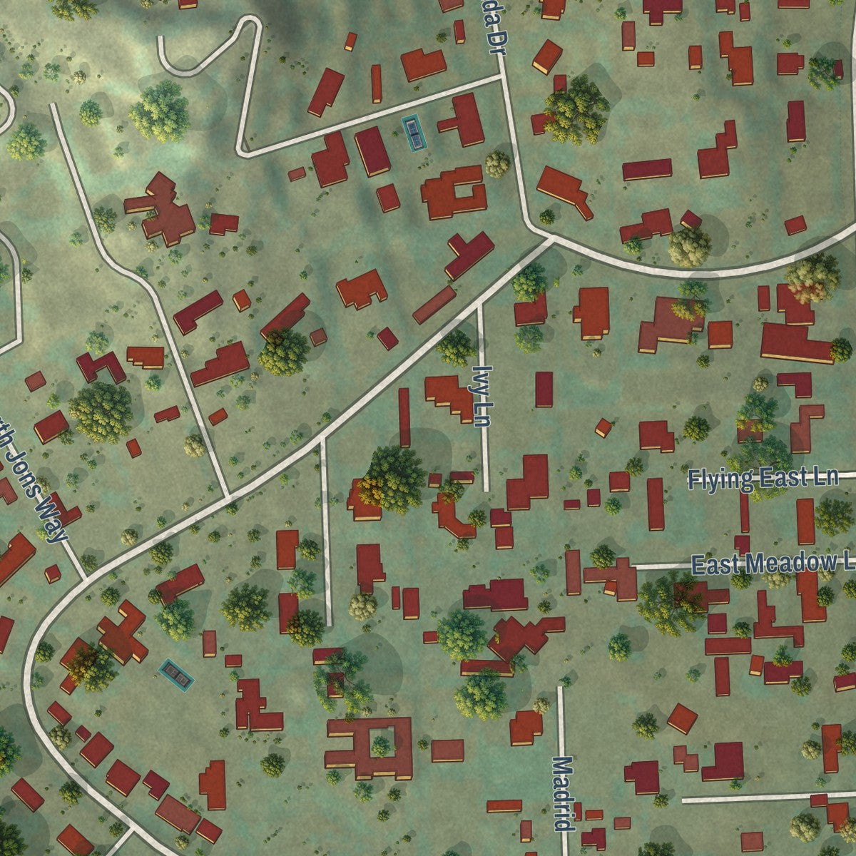 Close-up of the map of Orange Park Acres, California print showing street and building detail