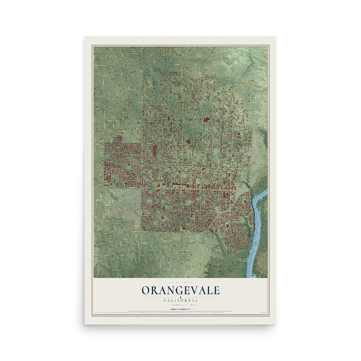 Map of Orangevale, California, 12 x 18 inch unframed archival matte print