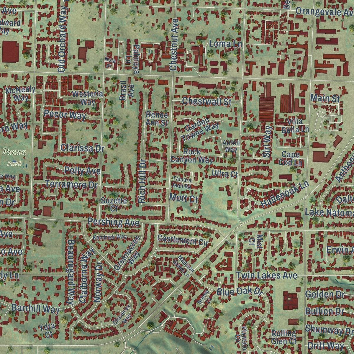 Close-up of the map of Orangevale, California print showing street and building detail