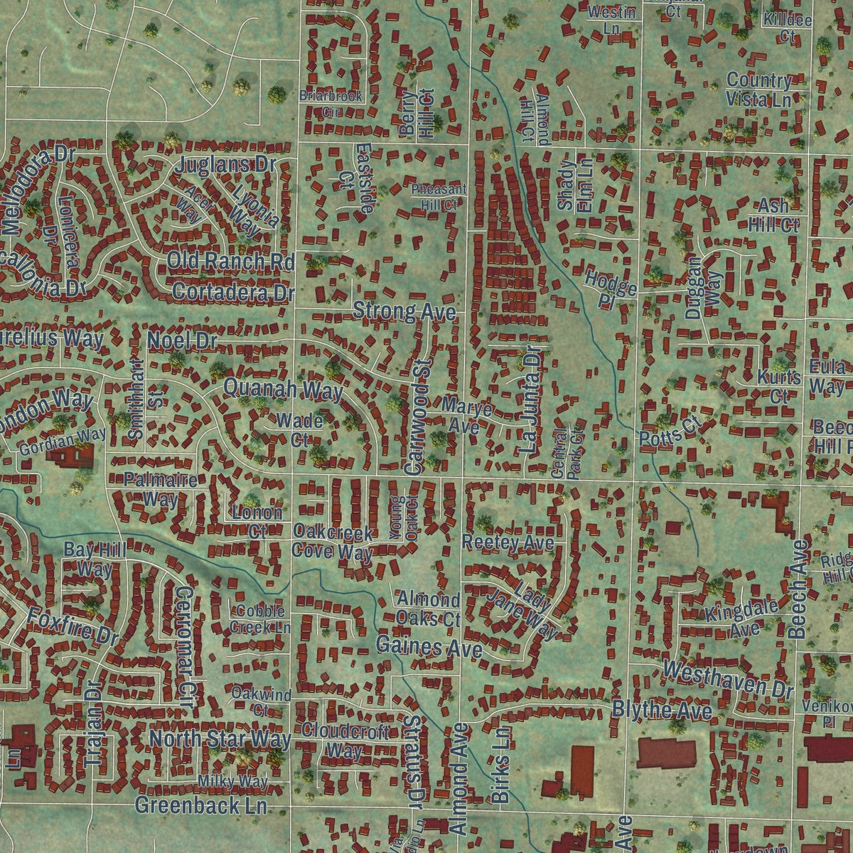 Second close-up of the map of Orangevale, California print showing more streets and buildings