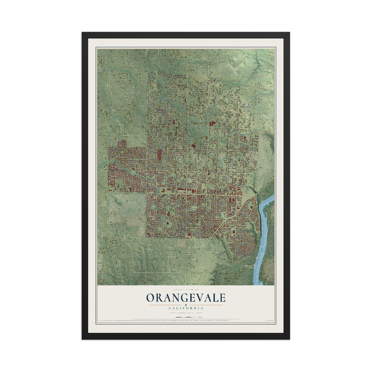 Map of Orangevale, California, 12 x 18 inch print in a black wood frame