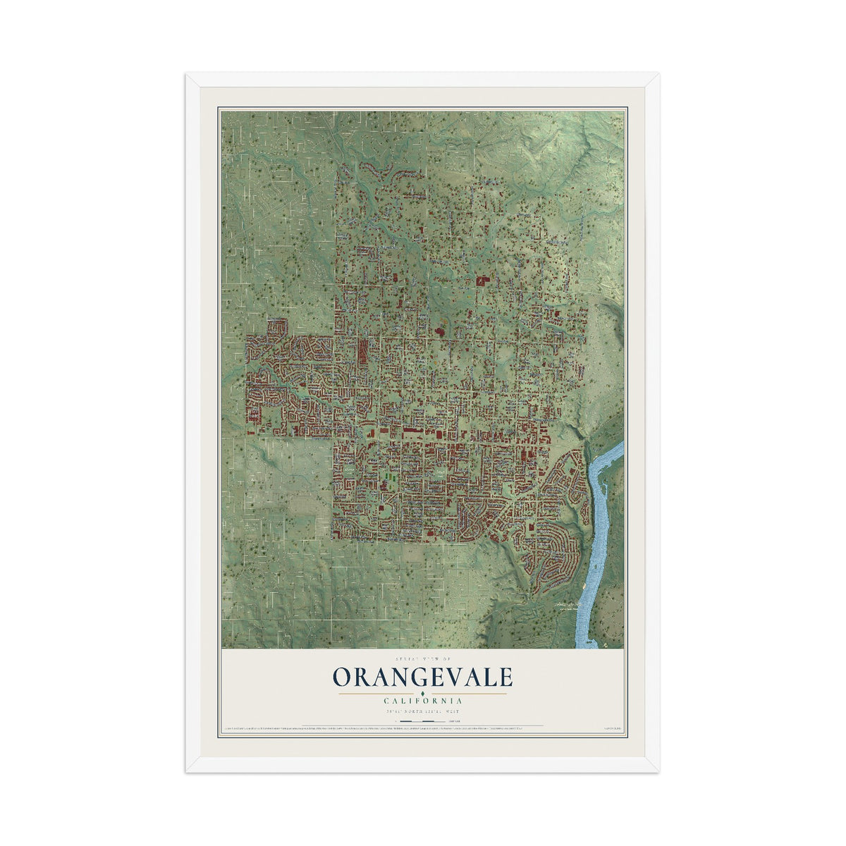 Map of Orangevale, California, 12 x 18 inch print in a white wood frame