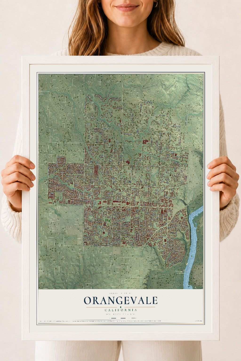Map of Orangevale, California, 18 x 24 inch print in a white wood frame