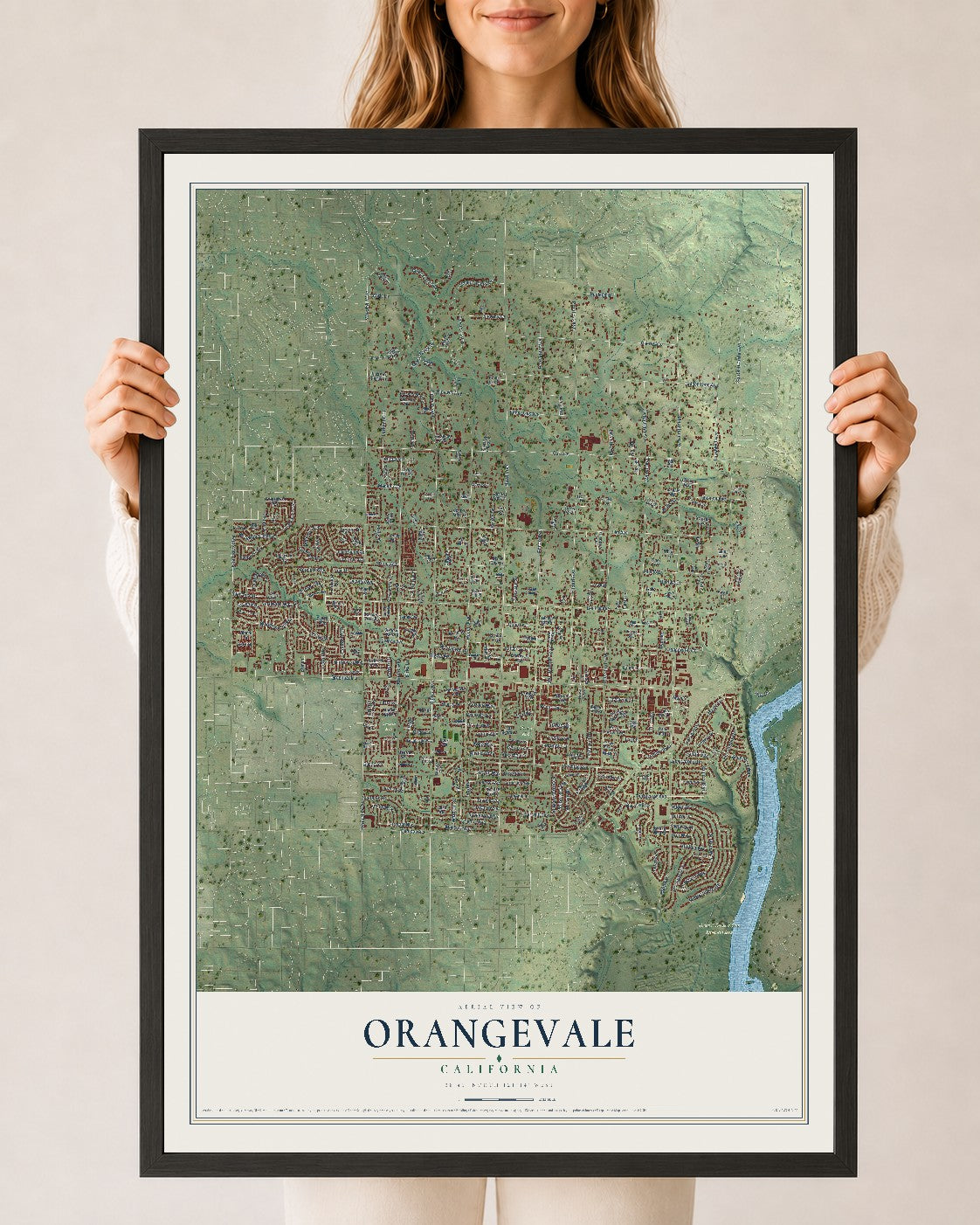 Map of Orangevale, California, 24 x 36 inch print in a black wood frame