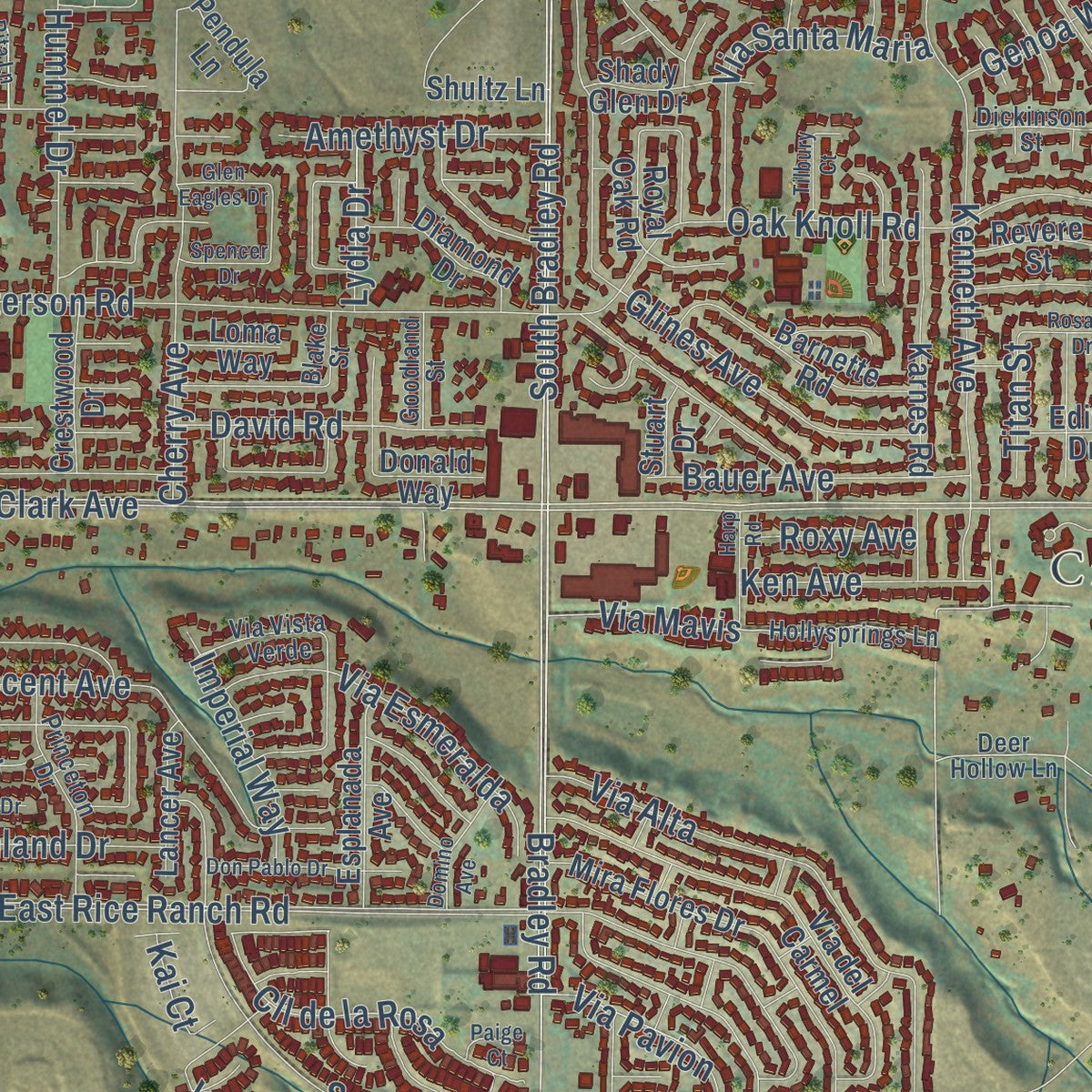 Close-up of the map of Orcutt, California print showing street and building detail