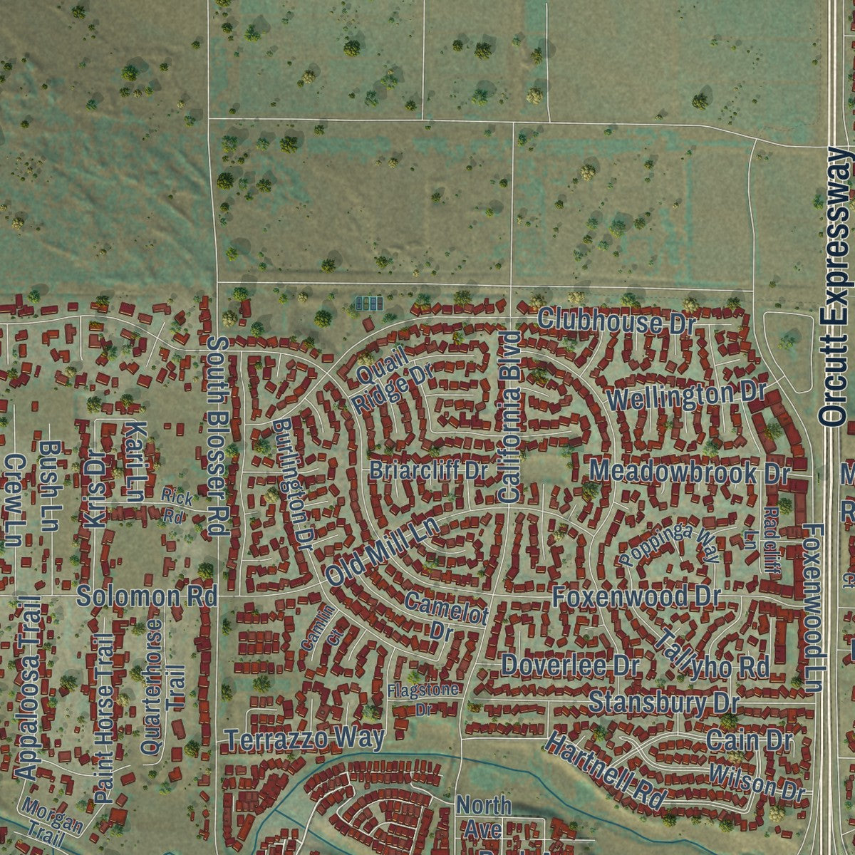 Second close-up of the map of Orcutt, California print showing more streets and buildings