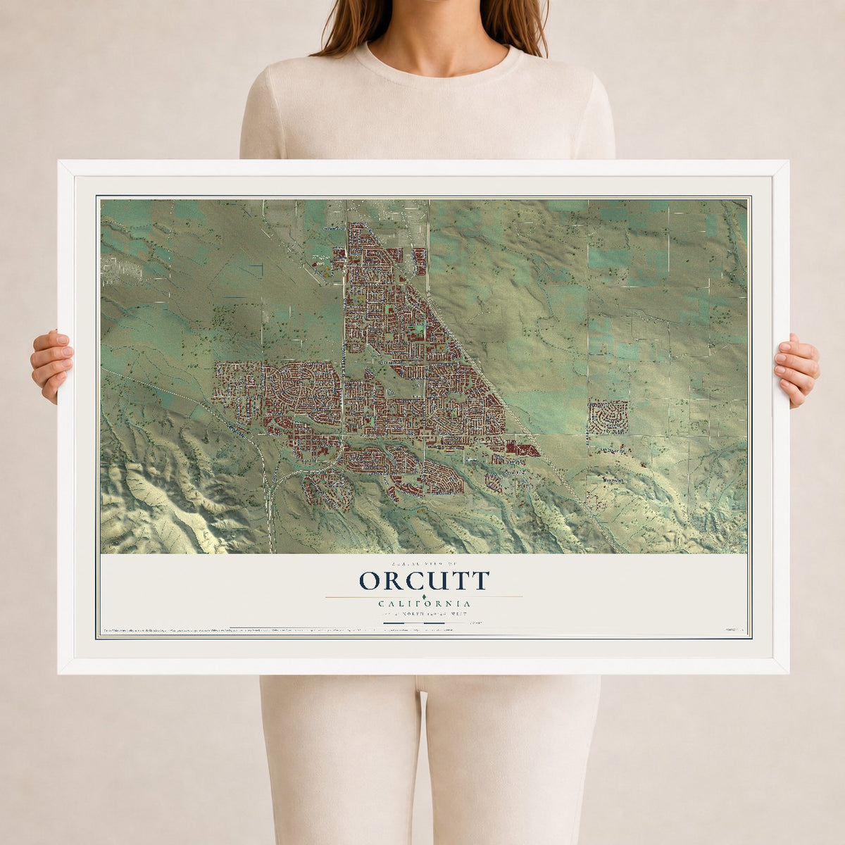 Map of Orcutt, California, 24 x 36 inch print in a white wood frame