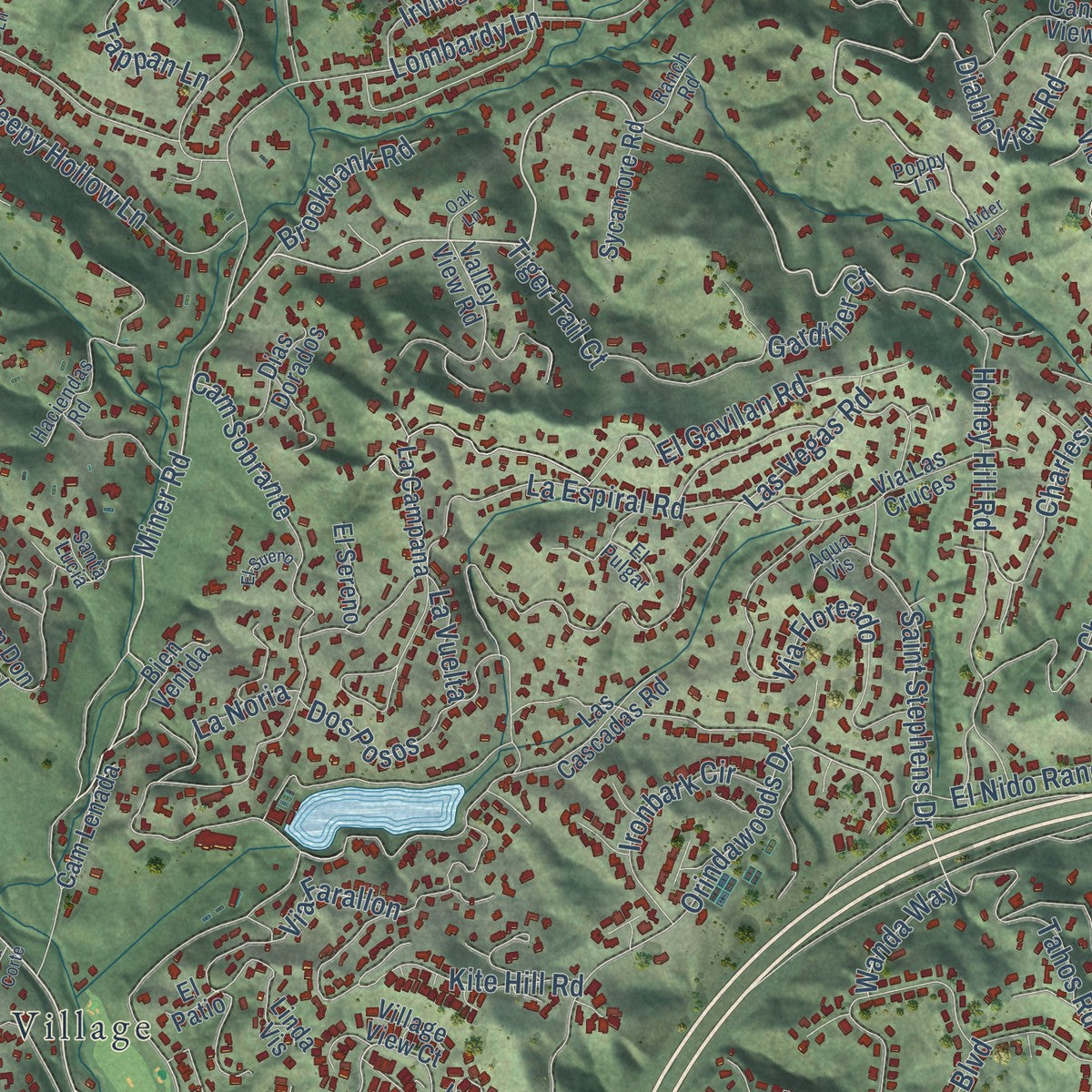 Close-up of the map of Orinda, California print showing street and building detail