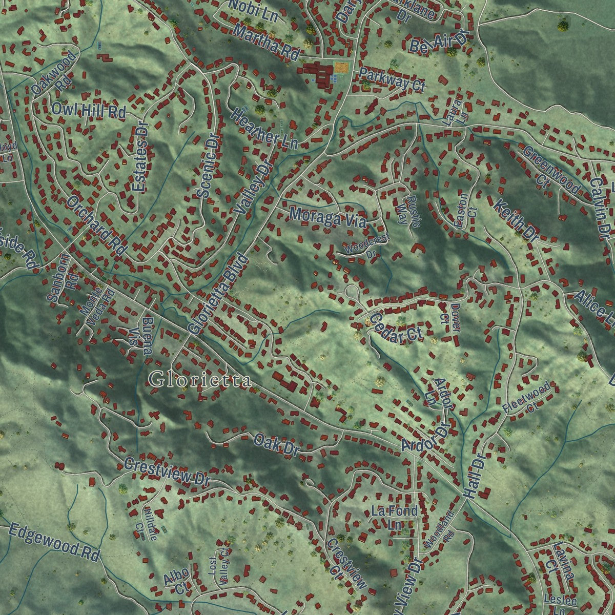 Second close-up of the map of Orinda, California print showing more streets and buildings