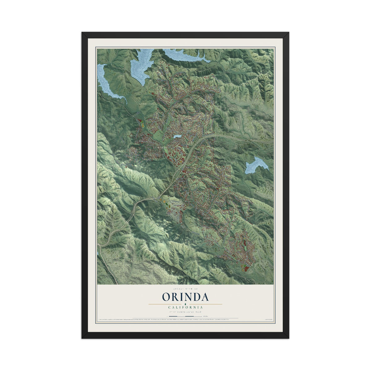 Map of Orinda, California, 12 x 18 inch print in a black wood frame