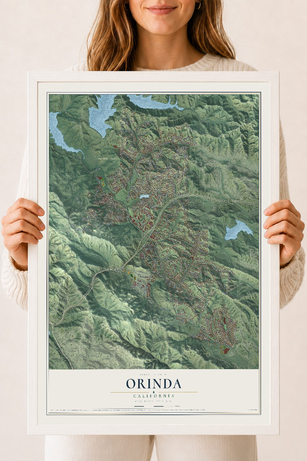 Map of Orinda, California, 18 x 24 inch print in a white wood frame