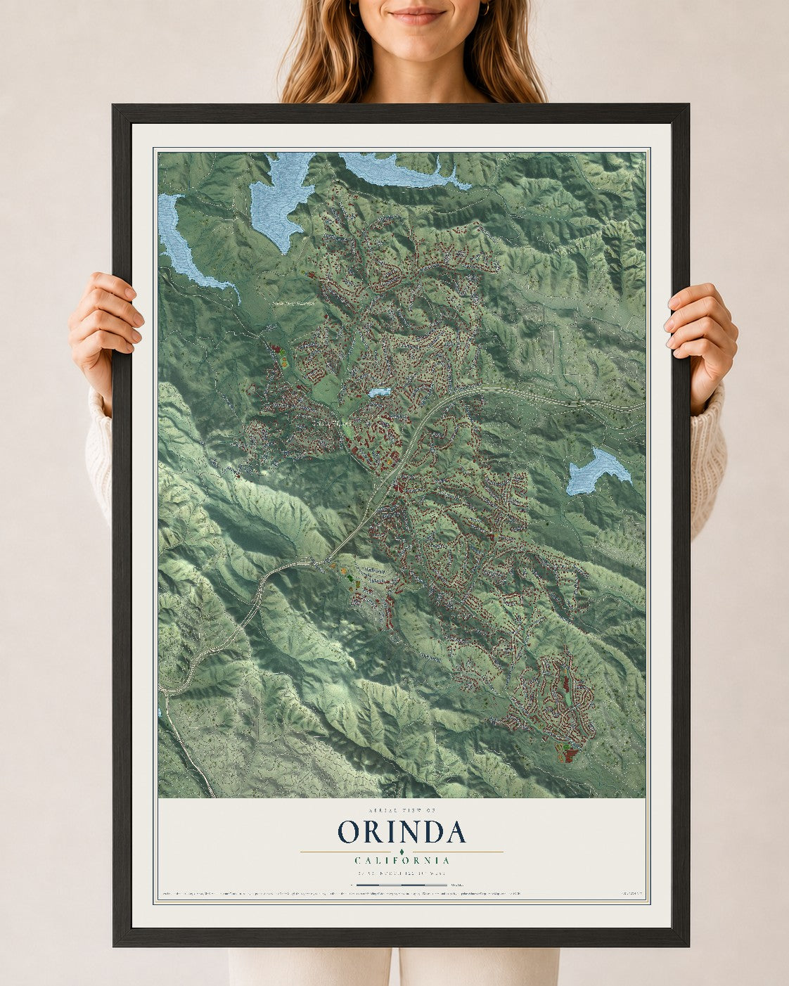 Map of Orinda, California, 24 x 36 inch print in a black wood frame