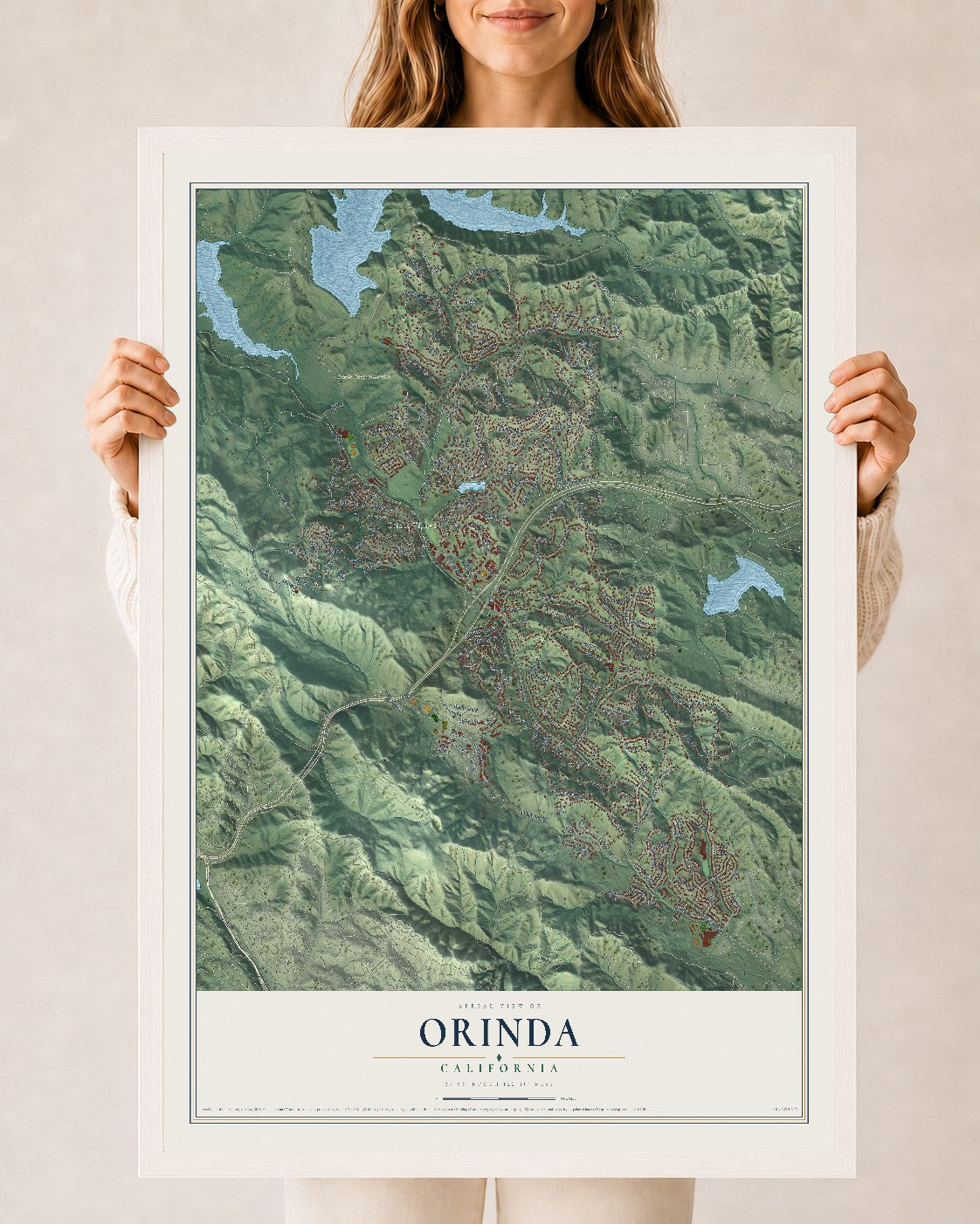 Map of Orinda, California, 24 x 36 inch print in a white wood frame