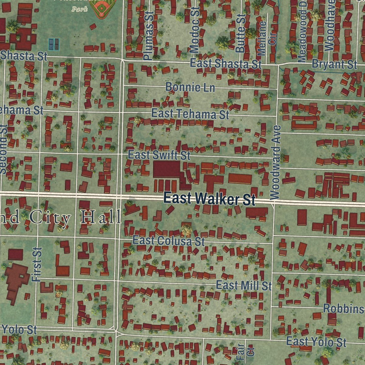 Close-up of the map of Orland, California print showing street and building detail