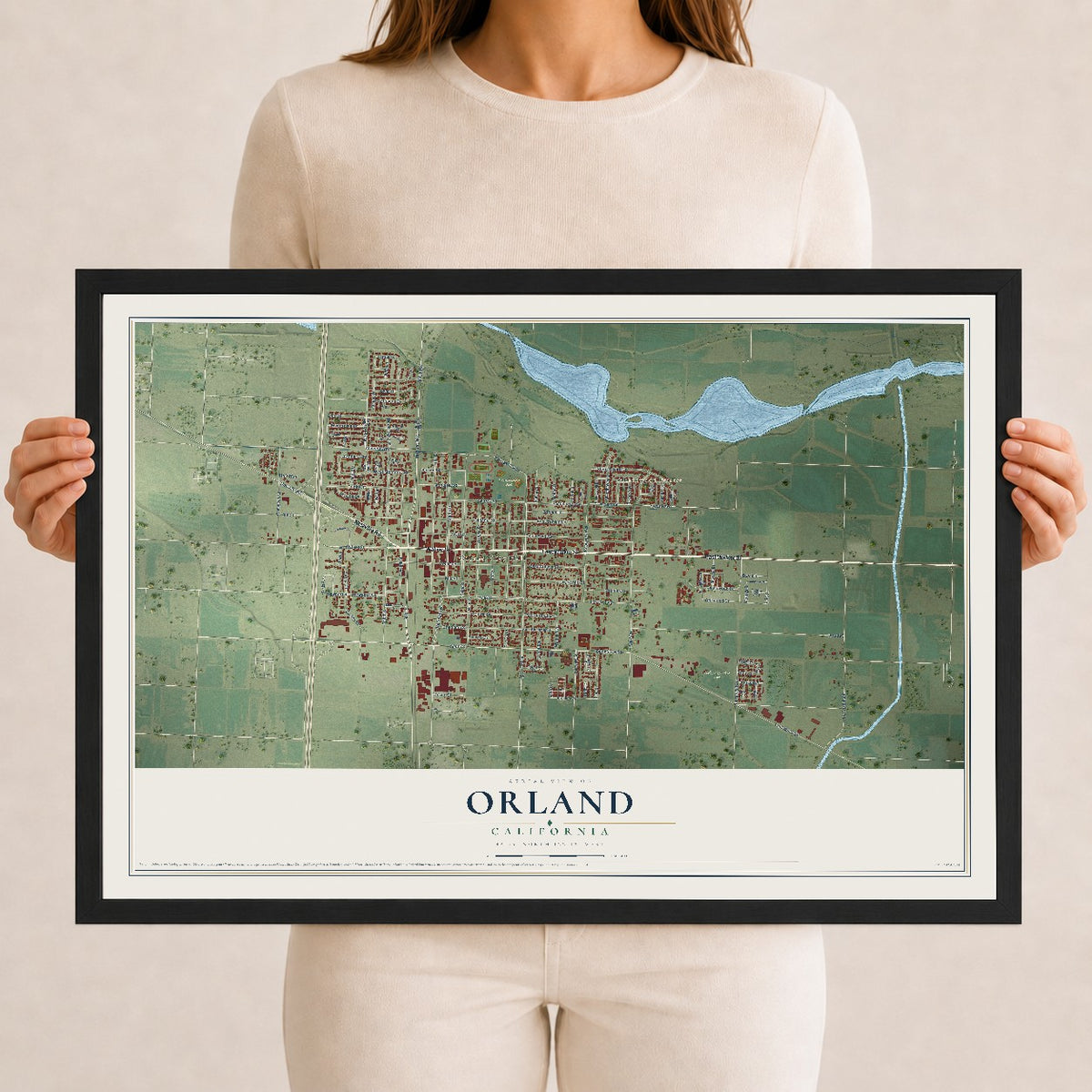 Map of Orland, California, 12 x 18 inch print in a black wood frame