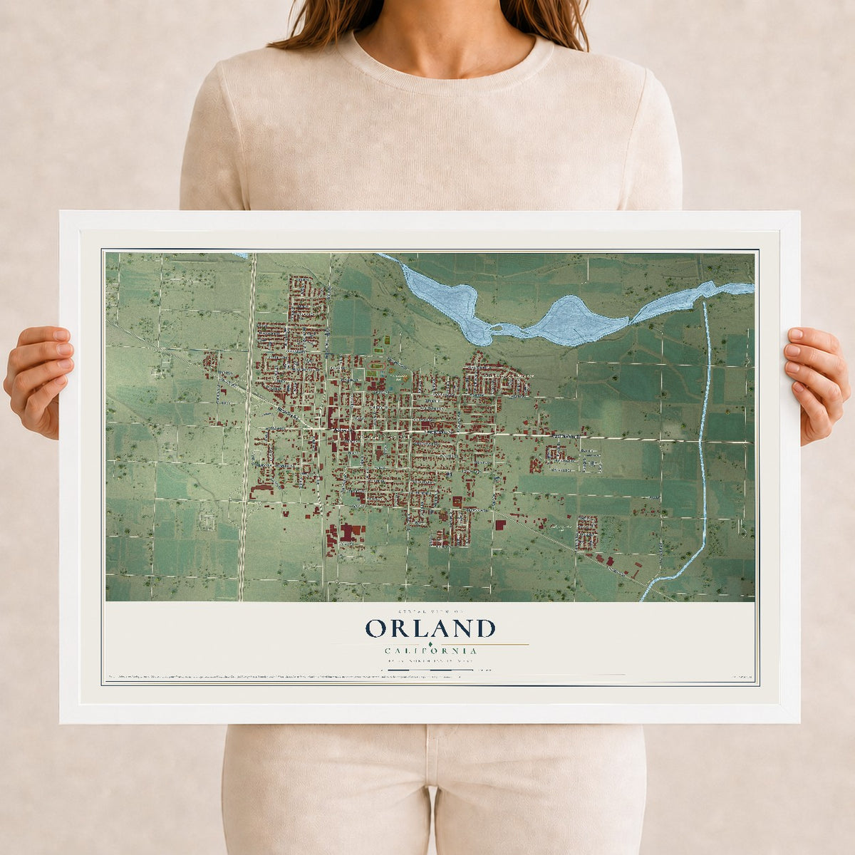 Map of Orland, California, 12 x 18 inch print in a white wood frame