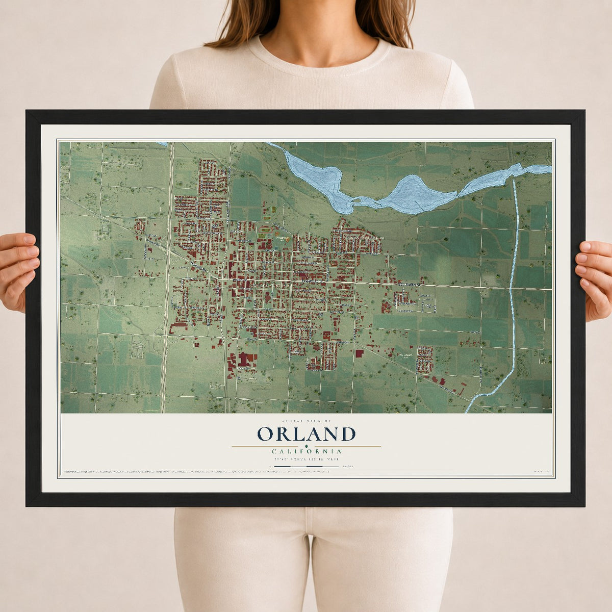 Map of Orland, California, 18 x 24 inch print in a black wood frame