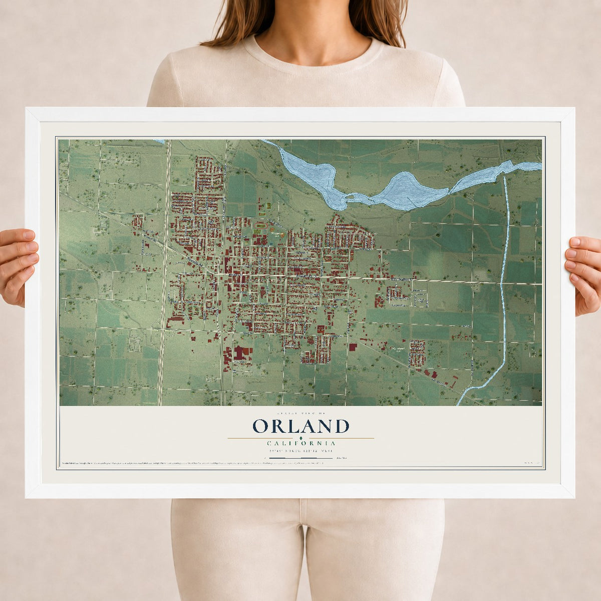 Map of Orland, California, 18 x 24 inch print in a white wood frame